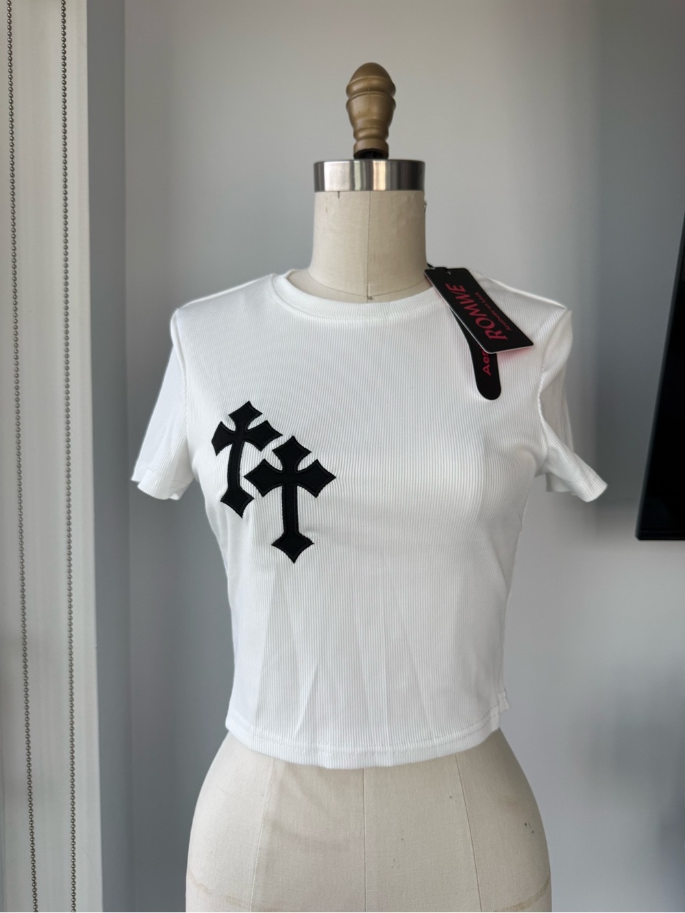 Ribbed Crop Tee with Black Gothic Cross